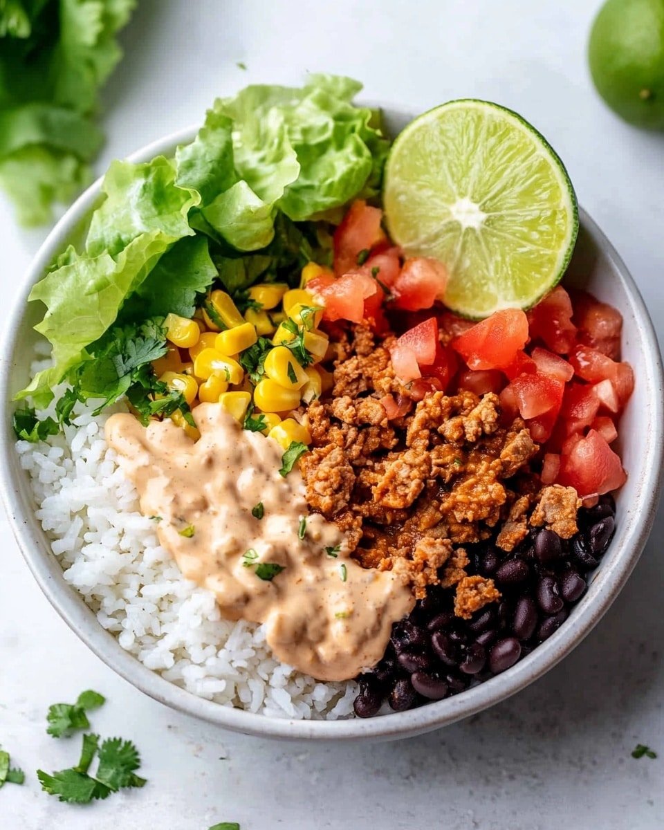 Ground Chicken Burrito Bowls with Corn and Black Bean Salsa and Chili Lime Crema Recipe - Recipe Image