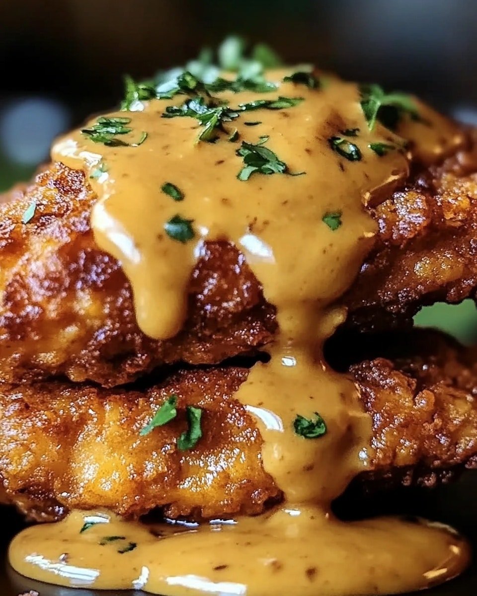 The image shows two crispy fried chicken pieces stacked on top of each other on a dark surface. Each piece is golden brown with a crunchy texture. A creamy, thick, light brown sauce is poured over the chicken, dripping down the sides and pooling slightly at the base. Small green herb pieces are sprinkled over the sauce and around the chicken, adding a fresh touch. The background is out of focus, emphasizing the food. Photo taken with an iphone --ar 4:5 --v 6.1
