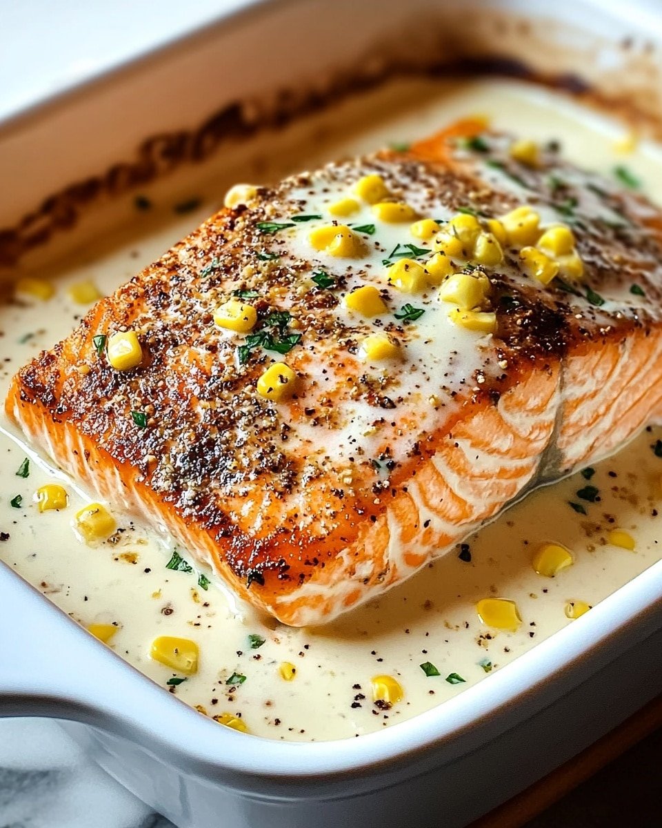 A single thick, cooked salmon fillet with a golden-brown crust sits in the center of a white oval dish filled with creamy light yellow sauce speckled with black pepper and green fresh herbs. The sauce pools around the salmon, partially covering its sides, while the top is topped with more sauce and sprinkled with small green leaves. Three yellow lemon wedges are placed around the salmon, resting in the sauce near the edges of the dish. The white oval dish is on a light gray cloth, all set against a white marbled surface. Photo taken with an iphone --ar 4:5 --v 6.1
