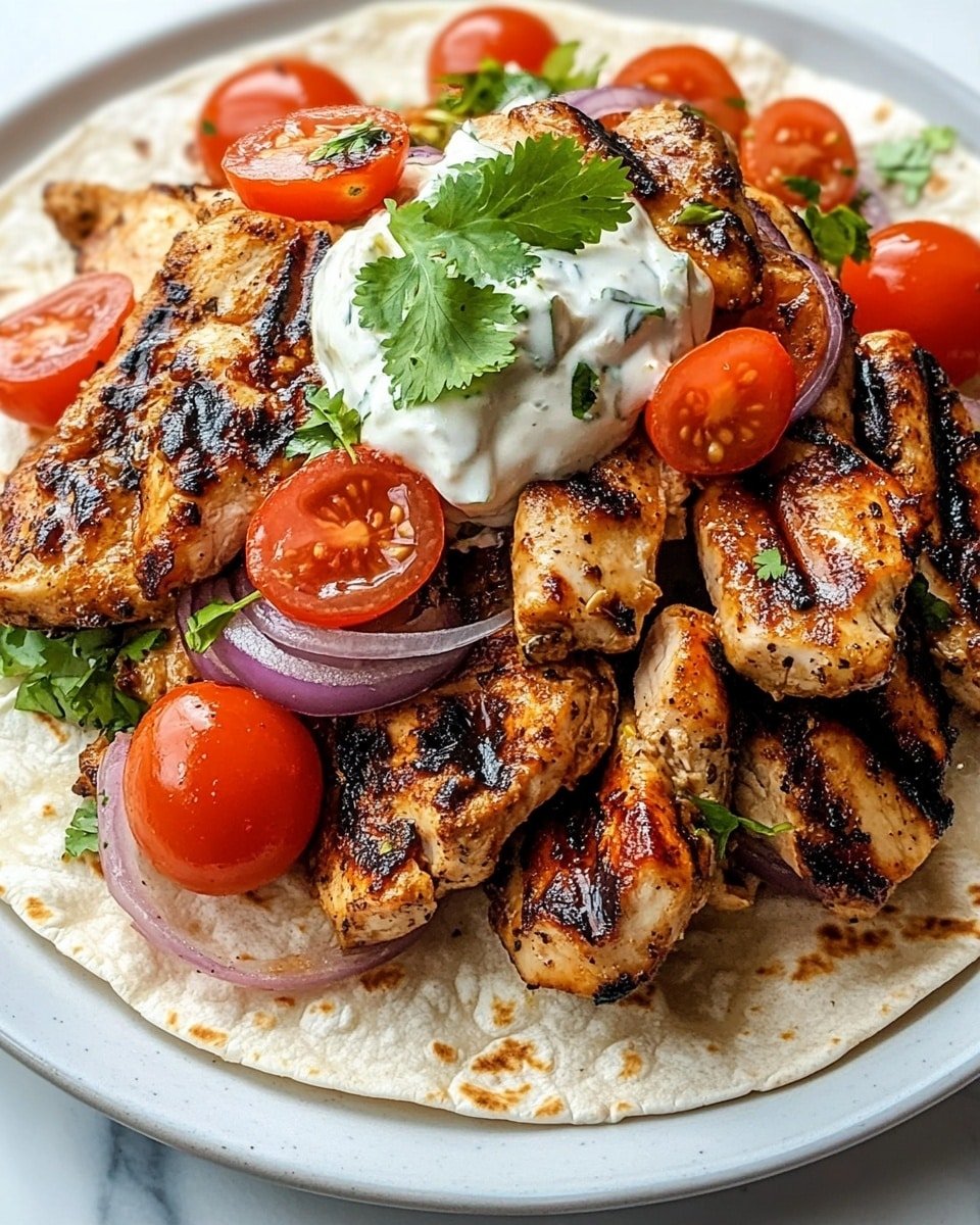 A white flat tortilla lays flat on a white plate with a white marbled background. On top of the tortilla, there is a thick layer of grilled chicken strips showing char marks and a golden-brown coating. Above the chicken, there is a creamy white sauce with green herbs mixed in, spread thickly in one layer. On top of the sauce is a layer of chopped red tomatoes and small pieces of purple onion, mixed with some green herbs that add specks of green. The overall look is fresh and colorful with the warm chicken base and bright veggies on top, photo taken with an iphone --ar 4:5 --v 6.1