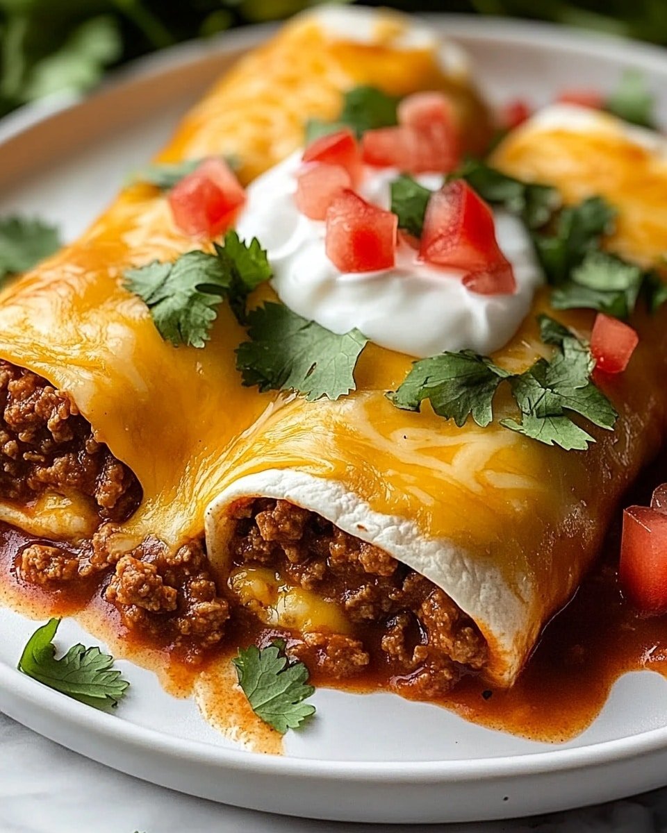 Three rolled tortillas filled with brown cooked ground meat are placed closely on a white plate. The tortillas are covered with a layer of melted golden yellow cheese that looks shiny and slightly browned on the edges. The base of the plate has reddish sauce that seeps around the tortillas. On top of the cheese, there is a line of white sour cream, scattered with chopped bright red tomatoes and green cilantro leaves. Some cilantro leaves are also around the plate. The plate is set on a white marbled textured surface. Photo taken with an iphone --ar 4:5 --v 6.1