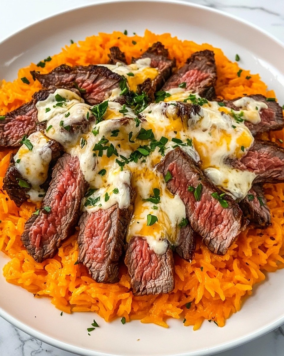 The image shows a close-up of a dish in a black skillet placed on a white marbled surface. The dish has two main layers: the bottom layer is orange-colored rice mixed with small pieces of bright orange carrots and red bell peppers. On top of the rice, there are many pieces of grilled dark brown beef strips spread evenly. A light drizzle of white creamy sauce goes across the top, and small green parsley leaves are sprinkled over everything. The colors contrast well with the black skillet and light background, making the dish look fresh and appetizing. Photo taken with an iphone --ar 4:5 --v 6.1