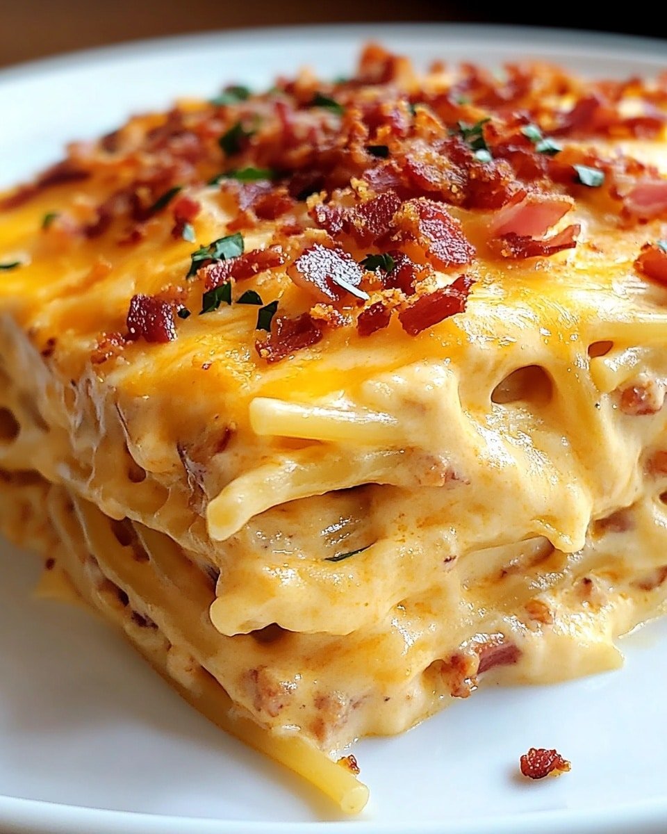 A thick, layered pasta dish is shown close up on a white plate with a white marbled surface underneath. The dish has at least three visible layers of soft spaghetti noodles, all covered in a rich, creamy orange cheese sauce. The top layer is covered with small crispy bits of browned bacon and finely chopped green herbs, adding a mix of deep red and green colors that contrast with the smooth, shiny cheese. The edges of the dish show melted cheese stretching slightly over the side, giving a warm and inviting look. Photo taken with an iphone --ar 4:5 --v 6.1
