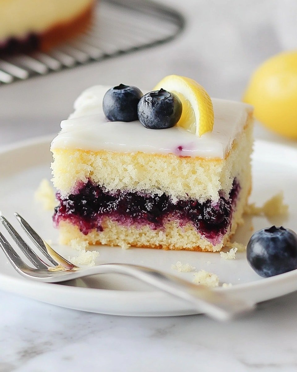 A single square piece of light yellow cake with a moist texture sits on a white plate resting on a white marbled surface. The cake has one layer of mixed dark purple berry filling at the bottom. A smooth white icing layer covers the top, garnished with a small yellow lemon wedge and two plump blueberries. Crumbs and a silver fork lie in front of the cake. The background is softly blurred with a cooling rack and lemon wedge visible. Photo taken with an iphone --ar 4:5 --v 6.1