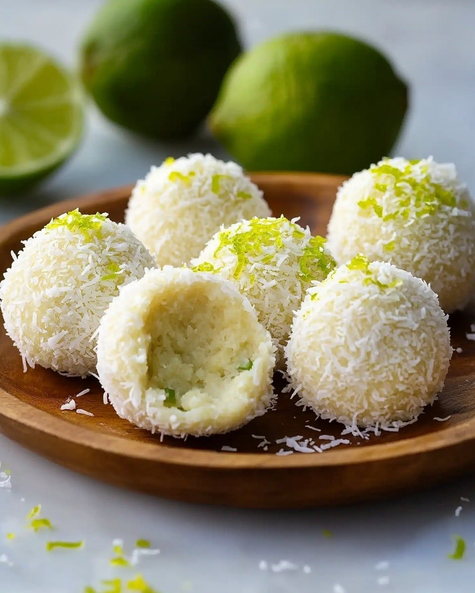 A wooden plate filled with several round white balls covered in shredded coconut, each ball topped with a sprinkle of green lime zest. One ball is open showing a soft, pale yellow inside. The plate is on a white marbled surface, with lime zest and coconut scattered around it. In the background, there is a whole lime and a halved lime blurry and out of focus. Photo taken with an iphone --ar 4:5 --v 6.1