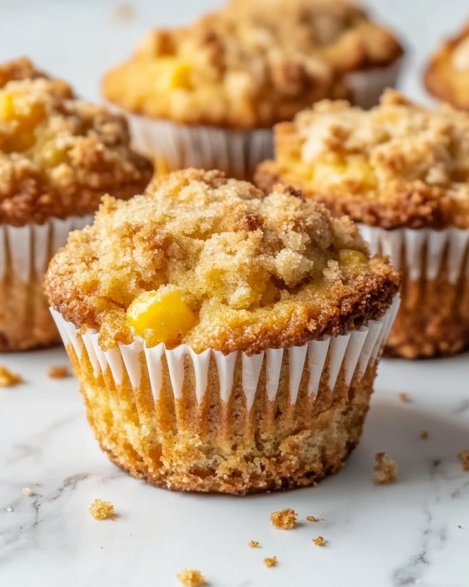The image shows a close-up of five muffins arranged in a group on a white marbled surface. Each muffin has three main layers: at the base, a light golden-brown muffin body with visible hints of yellow fruit pieces inside; the middle layer is the paper muffin liner that is white with folded edges; the top layer is a crumbly streusel topping that is golden and slightly darker brown in some spots, with small chunks of bright yellow fruit embedded in it. The muffins have a rough, textured surface with scattered crumbs around them. Photo taken with an iphone --ar 4:5 --v 6.1