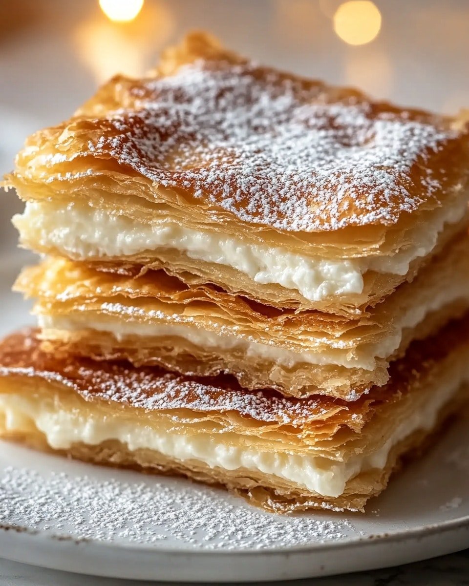 This image shows a stack of three flaky pastry squares, each sandwiching a thick layer of creamy white filling. The pastry layers are golden brown with a crispy texture and are dusted lightly with powdered sugar. The pieces are neatly stacked on a white plate, and the background features a soft bokeh of warm light with a white marbled surface underneath. photo taken with an iphone --ar 4:5 --v 6.1