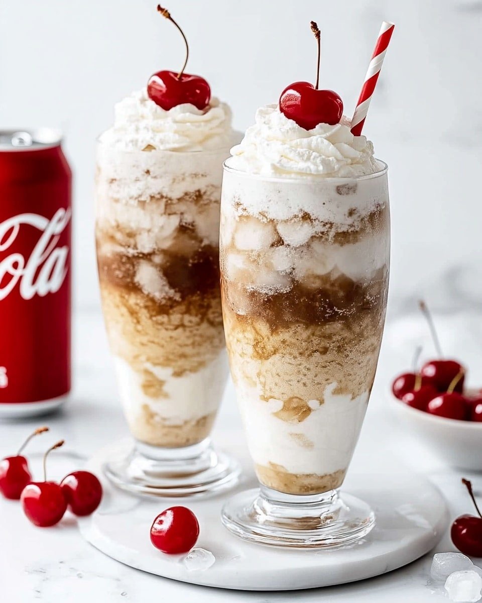 A tall glass filled with three main layers: a bottom layer of white milk, a top layer of light brown iced coffee mixed with foam, and clear ice cubes spread through the top two layers. On top, a shiny red cherry with a long stem sits in the center. A striped pink, red, and white straw is placed at the glass's top right side. Around the glass on a white marbled surface, several bright red cherries and a small white bowl full of cherries are scattered in soft focus. Photo taken with an iphone --ar 4:5 --v 6.1