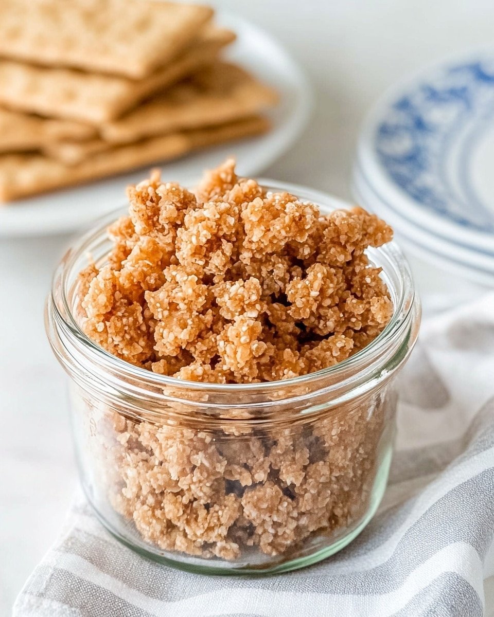 A clear glass bowl filled with a crumbly, light brown streusel topping sits in the middle of a white plate with a green decorative pattern around the edge. Next to the plate, on the white marbled surface, are four square graham crackers stacked neatly. To the upper left of the plate, a copper spoon holds a small amount of the crumb topping, resting on a white cloth with green stripes. Some crumbs are scattered lightly around the bowl and plate, adding texture to the scene. Photo taken with an iphone --ar 4:5 --v 6.1