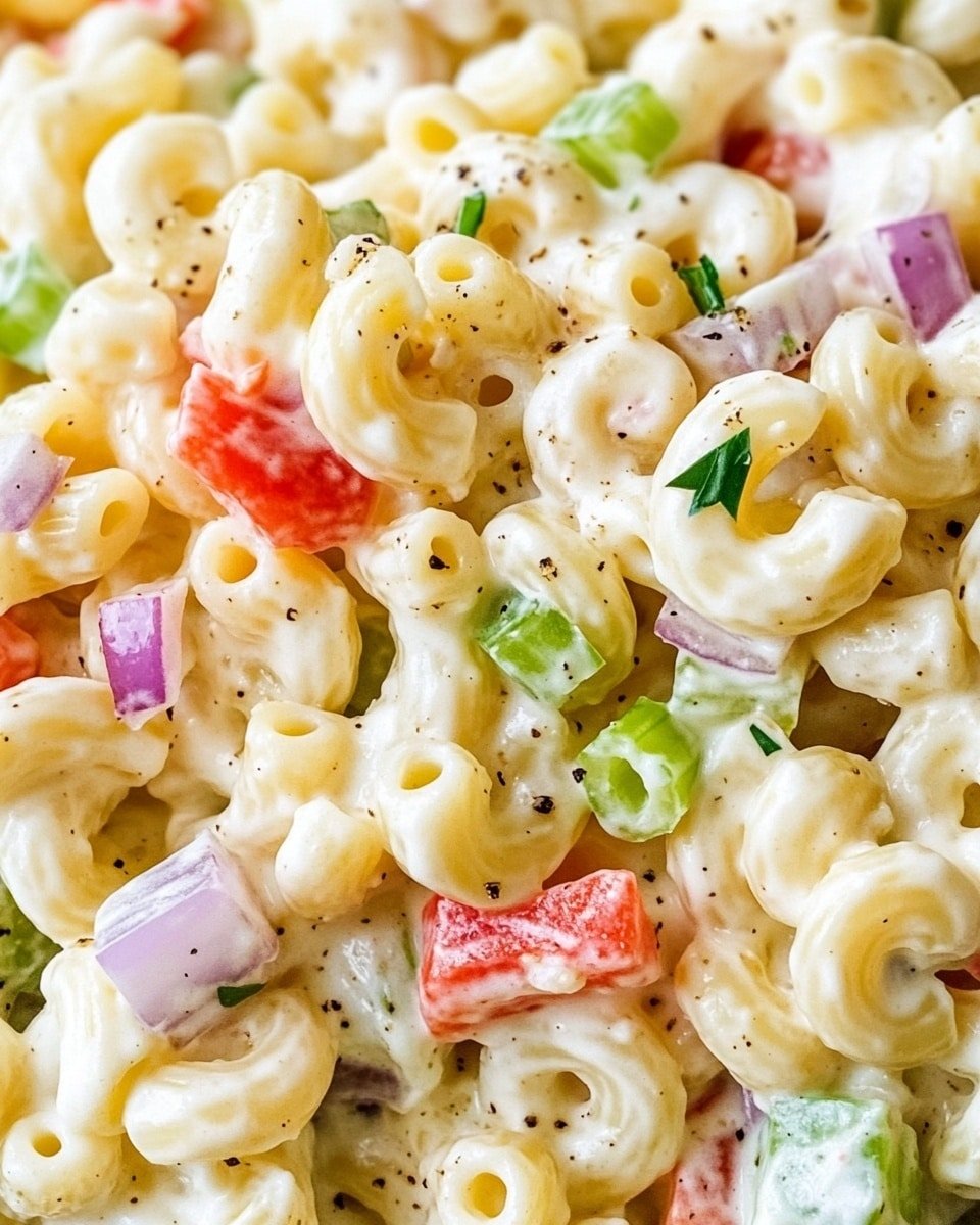The image shows a close-up of creamy macaroni salad in a white bowl. The dish has one main layer of elbow macaroni coated with a thick, smooth white dressing. Mixed throughout are small chunks of bright red bell pepper, light green celery, and bits of purple onion, adding splashes of color. Tiny green herb flecks and black pepper are scattered across the salad, giving a fresh look. The background is a white marble surface. photo taken with an iphone --ar 4:5 --v 6.1