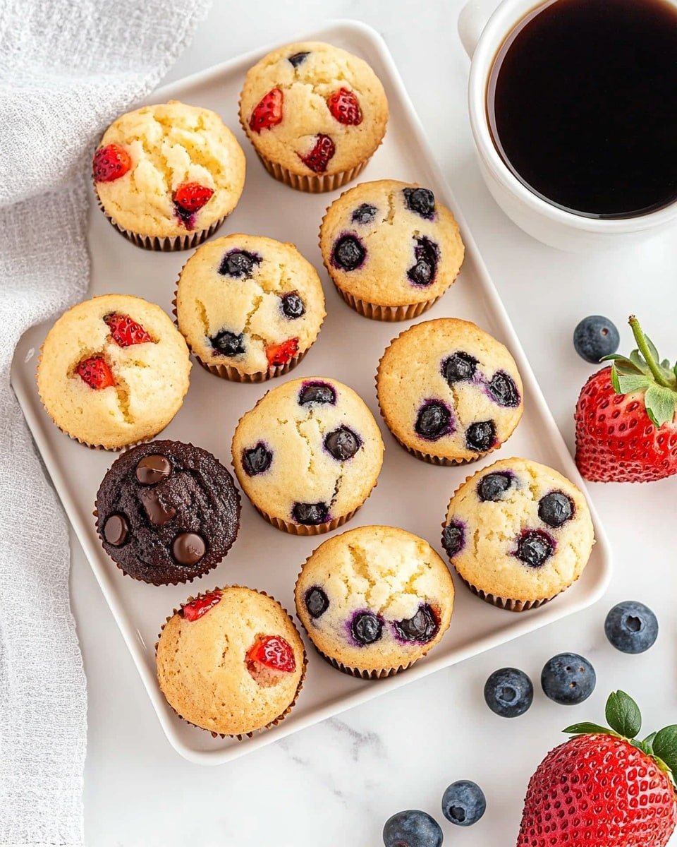 A white plate filled with about two layers of mini muffins showing mixed flavors, including chocolate chip muffins with dark brown chips, blueberry muffins with purple-blue spots, and strawberry muffins with red pieces. The muffins have a light golden color with a soft, slightly bumpy texture. On the left side of the plate, two fresh whole strawberries with green leaves sit next to the muffins. Behind the plate, a small silver metal jug holds dark syrup, adding contrast. The white plate rests on a white marbled surface, with part of a blue and white cloth visible at the bottom left corner. Photo taken with an iphone --ar 4:5 --v 6.1