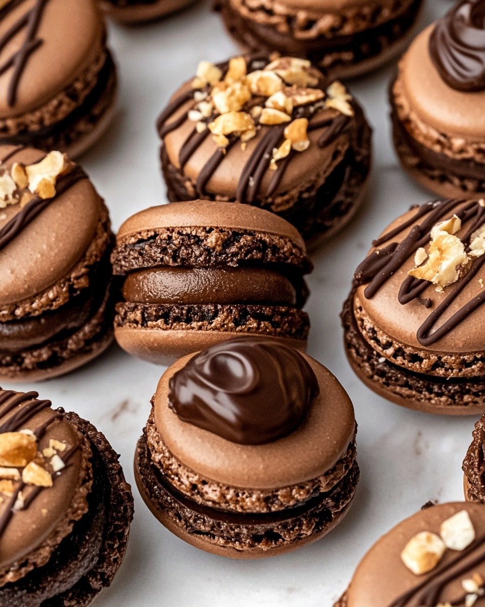 The image shows a close-up of a chocolate dessert with two layers visible: the bottom layer is a light brown, round cookie with a slightly rough texture, and the top layer is a thick, shiny, dark brown chocolate cream swirled smoothly in a circular pattern. On top of the chocolate cream, there are small broken pieces of the same light brown cookie scattered. The dessert sits on crumpled white parchment paper that rests on a white marbled surface. In the background, there are more of these chocolate desserts slightly out of focus. photo taken with an iphone --ar 4:5 --v 6.1