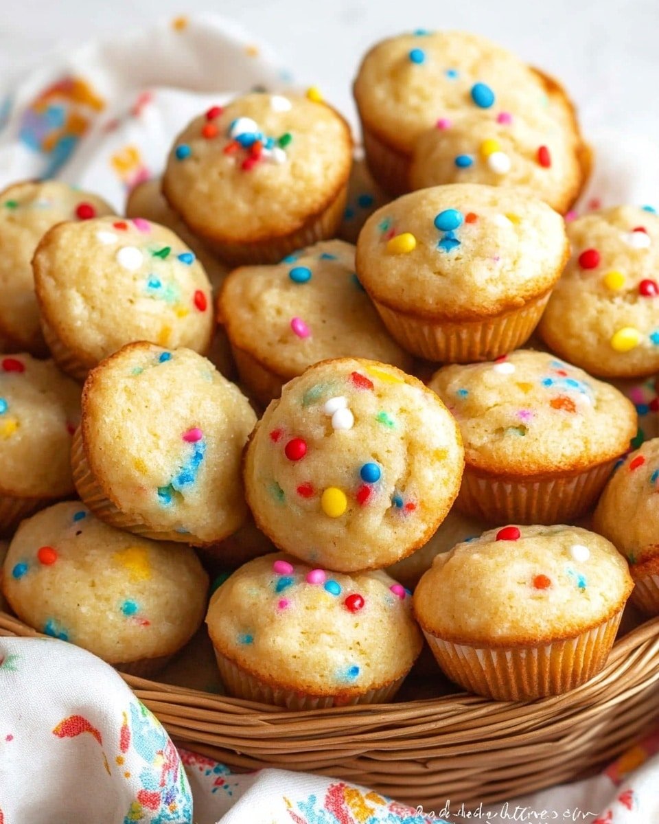 A basket lined with a cloth that has colorful floral patterns holds many small, round mini cakes. Each mini cake is light yellowish-beige with tiny specks of bright colors like red, blue, yellow, and orange scattered throughout the soft, smooth surface. The basket is placed on a white marbled surface, and the mini cakes are piled up in layers, filling the basket fully. photo taken with an iphone --ar 4:5 --v 6.1