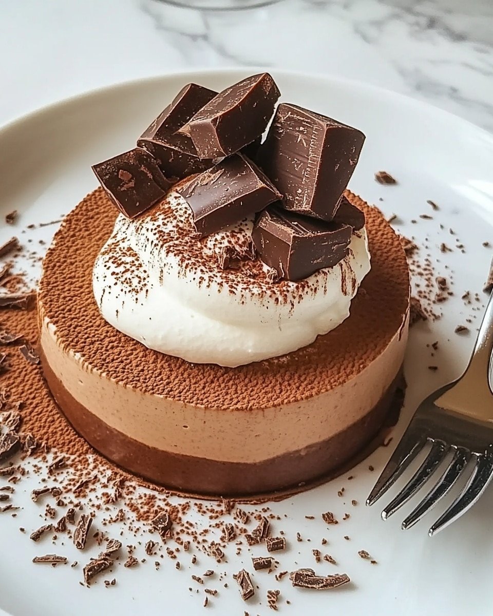 A round chocolate mousse dessert with three visible layers: the bottom layer is a thick dark brown chocolate base, the middle layer is a lighter brown soft mousse, and the top layer is a small dollop of white cream dusted with cocoa powder. On top of the cream, there are several pieces of dark chocolate chunks scattered, with some also spread around the dessert on the white plate. A fork with a piece of chocolate is placed on the right side of the dessert. The plate rests on a white marbled surface. Photo taken with an iphone --ar 4:5 --v 6.1