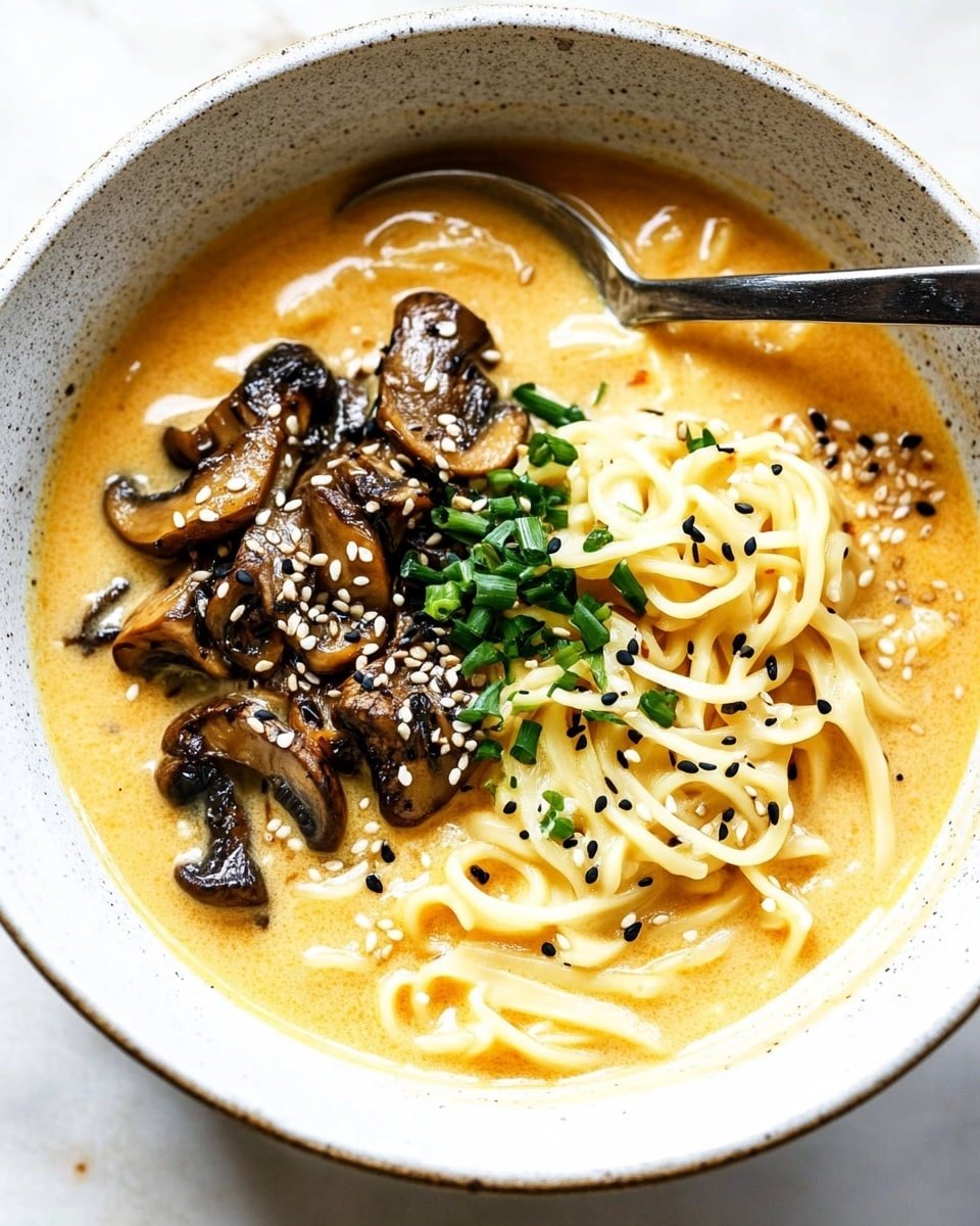 The dish shows a white bowl filled with light orange creamy broth with some small red oil drops floating on top. Inside the broth, there are curly yellow noodles covering most of the bowl. In the center, there is a small pile of mixed mushrooms that are brown and beige in color, topped with chopped green herbs and white and black sesame seeds. The bowl is placed on a wooden surface. photo taken with an iphone --ar 4:5 --v 6.1