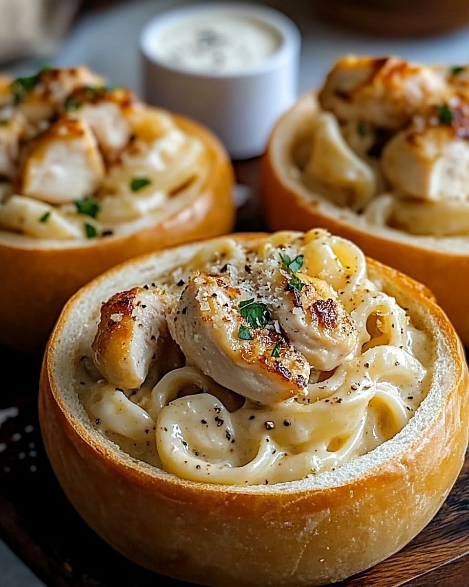 Three round bread bowls filled with macaroni pasta in creamy white sauce, layered with grilled pieces of light golden chicken on top. The pasta is smooth and pale, stacked inside the hollowed-out brown bread, which has a slightly crusty texture with a dusting of flour on the outside. The grilled chicken pieces have a light brown color with visible grill marks. The dish is garnished with chopped green herbs and a sprinkle of ground black pepper. The bowls are placed closely together on a dark round wooden board, set against a white marbled surface. photo taken with an iphone --ar 4:5 --v 6.1