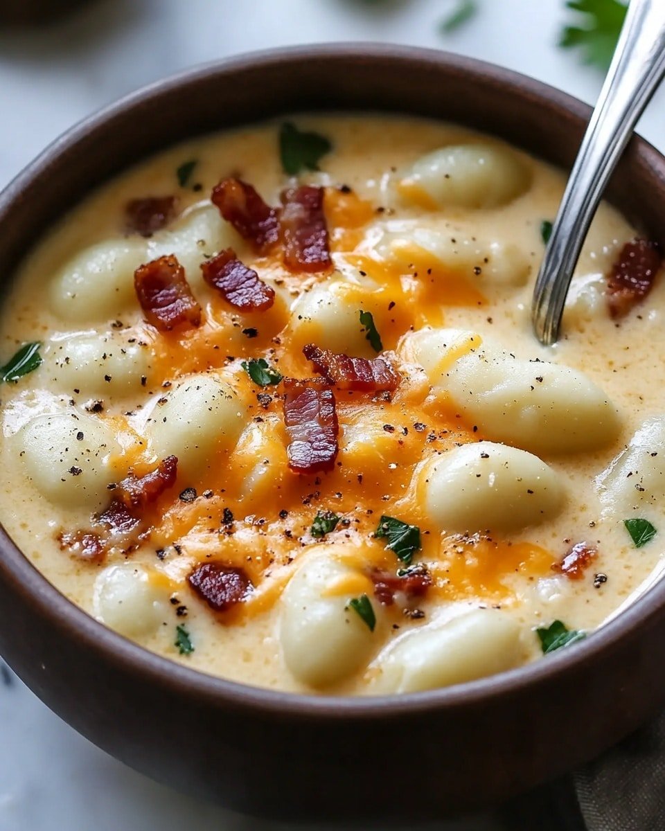 A brown bowl filled with creamy soup that has white gnocchi floating in it. On top, there is melted orange-yellow cheese and crispy small pieces of brown bacon scattered around. Green parsley leaves are sprinkled over the soup for color. A silver spoon inside the bowl lifts some gnocchi covered in cheese and bacon. The background is a white marbled texture. Photo taken with an iphone --ar 4:5 --v 6.1