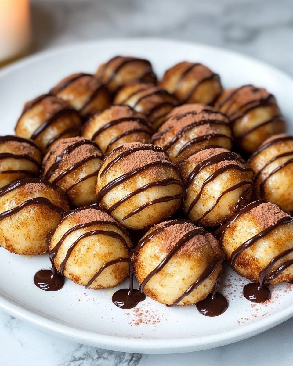 A round white plate holds a pile of small, round dough balls covered in a light brown cinnamon sugar layer. Each dough ball is drizzled with thick, dark brown chocolate sauce forming uneven stripes across the tops and sides. The dough balls are stacked close together in a casual manner on a white marbled surface. photo taken with an iphone --ar 4:5 --v 6.1