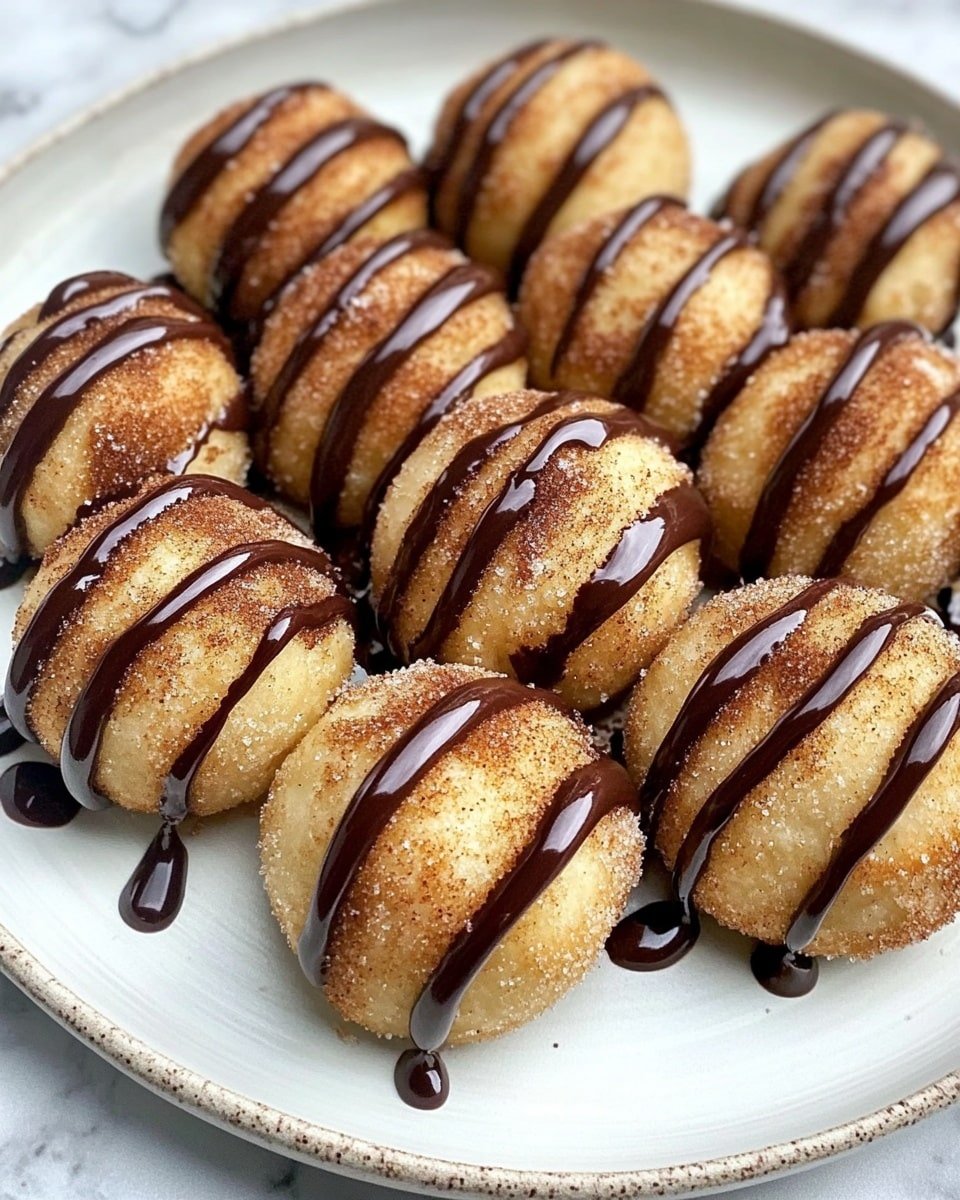 A pile of small, golden brown crescent-shaped pastries is stacked on a white plate. Each piece is coated with a fine layer of cinnamon spice, giving a slightly grainy texture, and drizzled generously with dark, shiny chocolate syrup that runs in vertical lines over the pastries. The pastries look soft and fluffy, and the plate sits on a white marbled surface. In the back, a white pumpkin decoration and a lit candle in a small cup add a warm, cozy atmosphere. Photo taken with an iphone --ar 4:5 --v 6.1