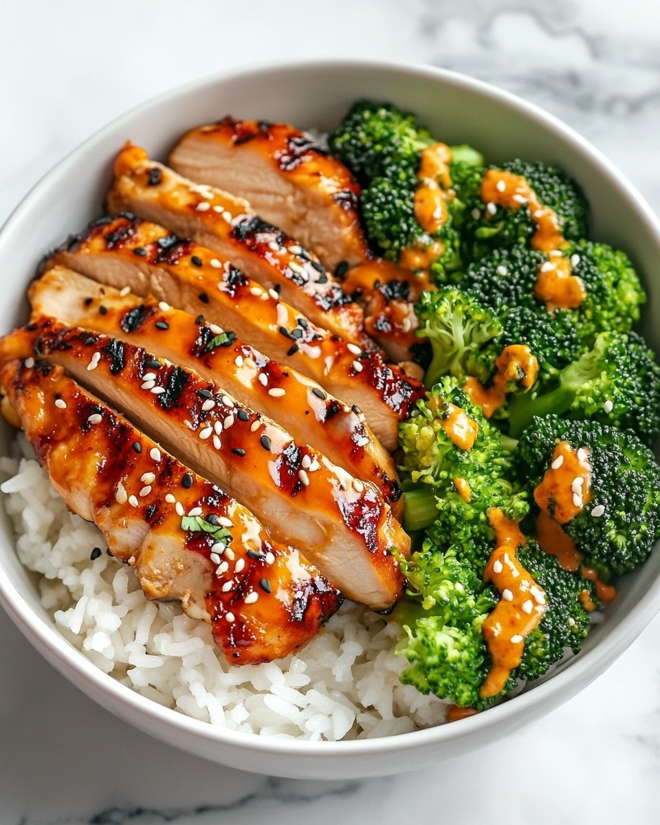 A white bowl on a white marbled surface holds a layered dish. The bottom layer is soft, white rice spread evenly across the bowl. On top of the rice, neatly arranged in a row, are five pieces of crispy, golden-brown fried chicken strips glazed with a shiny dark sauce. Bright orange creamy sauce is drizzled over the chicken in thin lines. To the right side of the bowl, fresh, green broccoli florets add a vibrant color contrast. Sprinkle of white sesame seeds and chopped green onions are scattered over the chicken strips. photo taken with an iphone --ar 4:5 --v 6.1