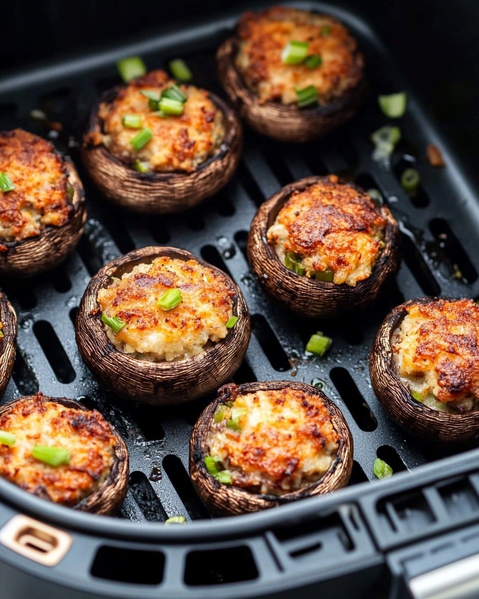 Inside a black air fryer basket with a textured bottom, there are twelve stuffed mushrooms arranged in loose rows. Each mushroom cap is deep brown and wrinkled, holding a puffed-up, golden-brown filling that looks creamy and slightly crispy on the top. The filling is uneven in shape with small green herb bits scattered throughout. Small pieces of green onion are sprinkled among the mushrooms in the basket. The background is a white marbled texture. photo taken with an iphone --ar 4:5 --v 6.1