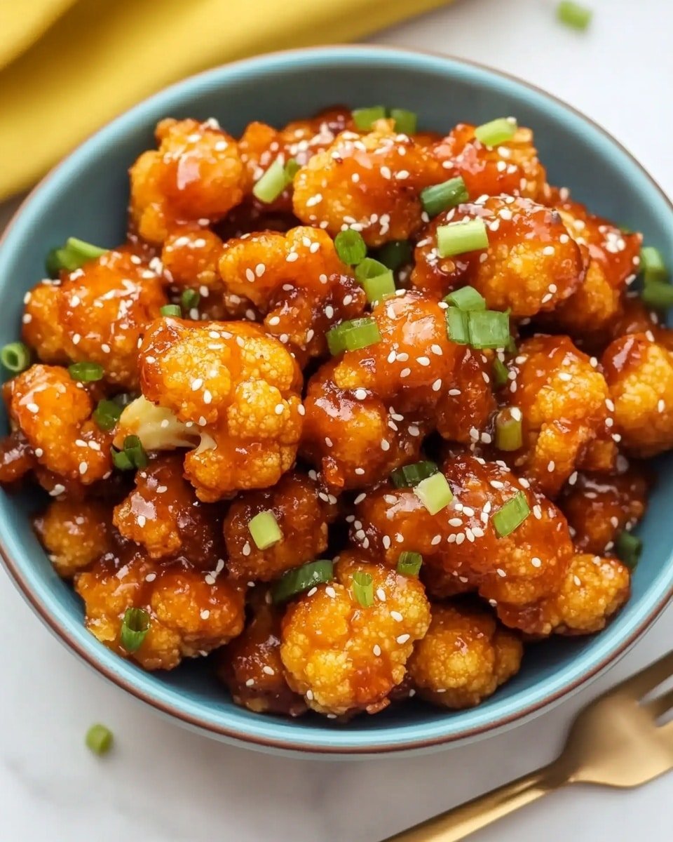 A white bowl filled with small, crispy golden-brown pieces covered in a thick, shiny reddish-orange sauce. The pieces are topped with white sesame seeds and chopped green onions, adding fresh green color on top. The bowl sits on a white marbled surface, with a yellow cloth in the background, and a shiny silver fork placed on the surface near the bowl. Photo taken with an iphone --ar 4:5 --v 6.1