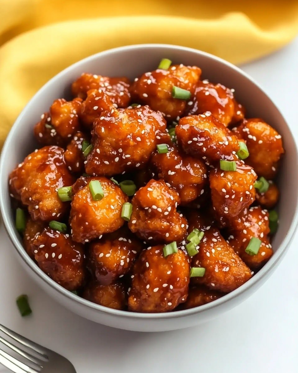 A bowl filled with small, golden-brown fried chicken pieces coated in a shiny, thick orange-red sauce. The chicken pieces are evenly covered and garnished with white sesame seeds and chopped green onions scattered on top, adding texture and color contrast. The bowl is white and sits on a white marbled surface, with a yellow cloth folded in the background and a silver fork placed beside the bowl. The overall look is warm, vibrant, and inviting. photo taken with an iphone --ar 4:5 --v 6.1