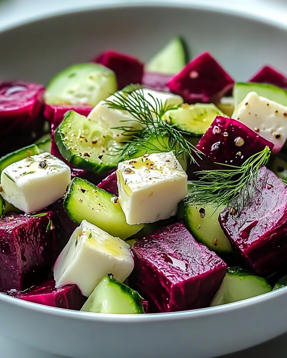 A white bowl filled with a colorful salad showing three main layers: the bottom layer has deep purple beet cubes with a glossy texture, the middle layer features fresh green cucumber slices with smooth, slightly shiny skin, and the top layer has white cubes of soft cheese, drizzled lightly with oil and sprinkled with black pepper. Small sprigs of fresh green dill are scattered over the salad, adding a touch of texture and color contrast. The bowl sits on a white marbled surface. Photo taken with an iphone --ar 4:5 --v 6.1