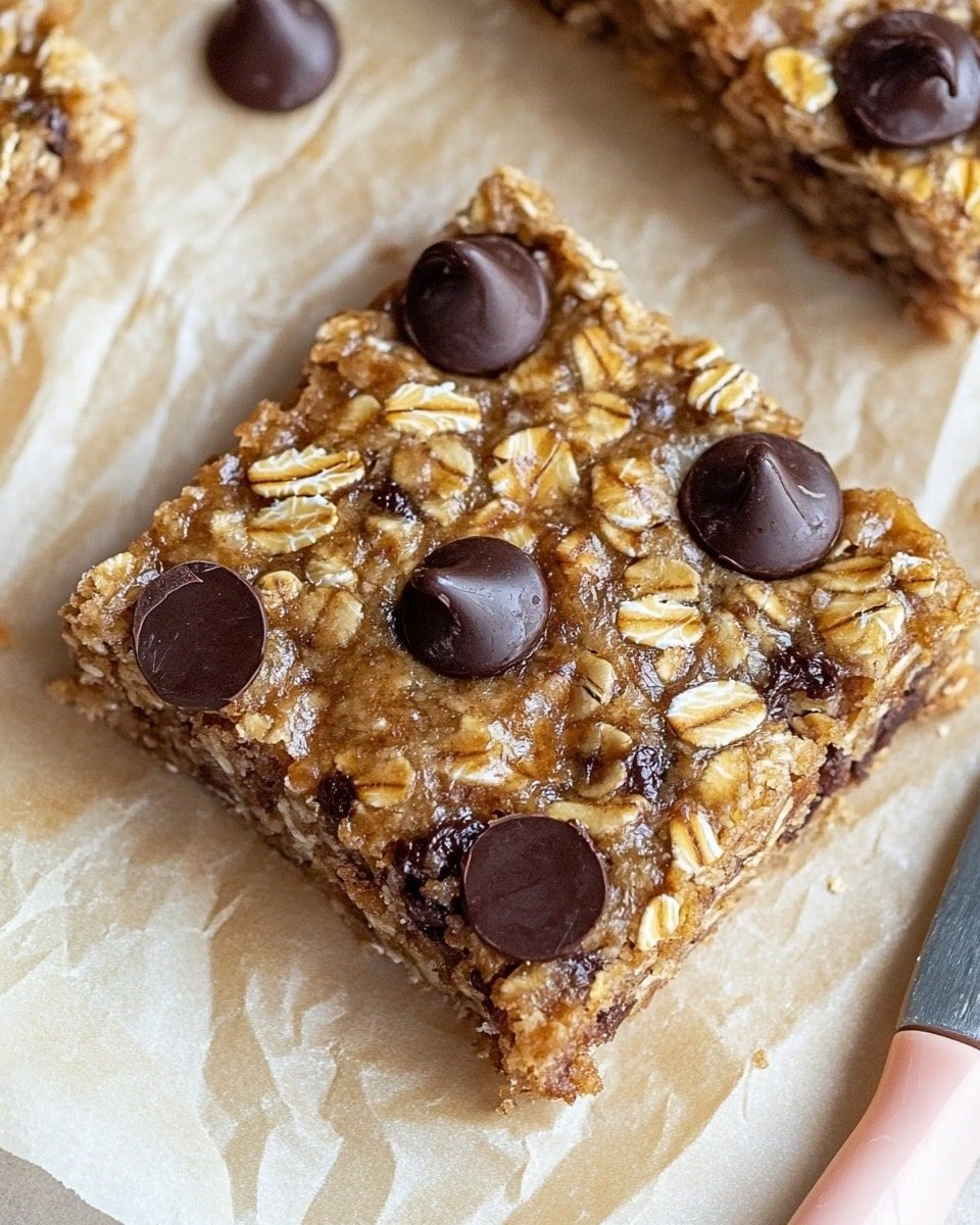 A close-up of a square oat and chocolate chip bar on a piece of brown parchment paper with visible oats and large round chocolate chips on top. The bar shows a rough, grainy texture with golden brown oats mixed evenly throughout; there are three main layers: a firm, slightly sticky base layer, a dense oat-filled middle layer with visible oats, and scattered dark chocolate chips mostly on the top. Part of a metal spreader with a pale pink handle rests on the paper beside the oat bar. The background is a white marbled texture. photo taken with an iphone --ar 4:5 --v 6.1