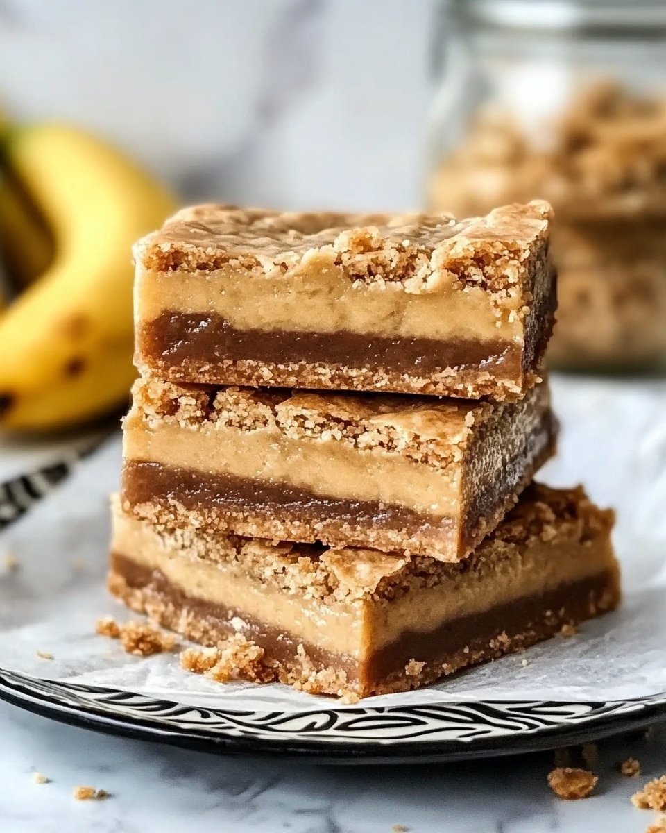 The image shows a stack of three square dessert bars placed on a piece of parchment paper on a white plate with a black pattern. Each bar has three visible layers: a crumbly golden brown crust at the bottom, a thick middle layer that is a light brown with a smooth, dense texture, and a slightly cracked but firm top layer that is a lighter golden color. The bars look soft and dense with small crumbs on the edges. The background is a soft white marbled texture with out-of-focus bananas and a glass jar in the back. photo taken with an iphone --ar 4:5 --v 6.1
