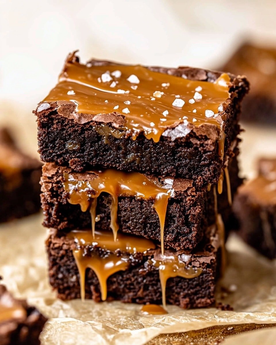 A close-up image shows a stack of three layered square brownies with a rich dark brown color. Between each brownie layer is a smooth caramel-colored filling, and an extra drizzle of the same caramel topping spills down the side of the top brownie. The surface of the top brownie has thin caramel drizzles and visible flaky salt pieces, adding texture. The brownies rest on crumpled beige parchment paper with a blurred white marbled background. Photo taken with an iphone --ar 4:5 --v 6.1