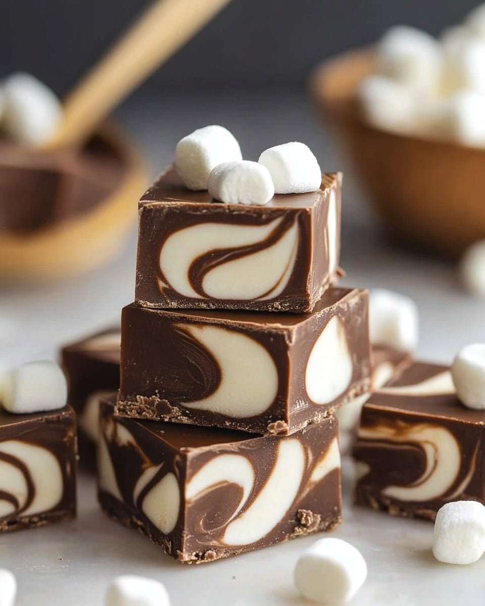 The image shows a stack of square fudge pieces with two visible layers swirled together: a dark brown chocolate layer and a creamy white layer creating a marbled pattern. The top piece is decorated with four small white marshmallows. More fudge pieces with the same swirl pattern are scattered around the stack on a neutral surface, and some marshmallows are also placed loosely nearby. The background is softly blurred with hints of brown and white colors, and a wooden spoon and glass bowl can be seen out of focus in the background. photo taken with an iphone --ar 4:5 --v 6.1