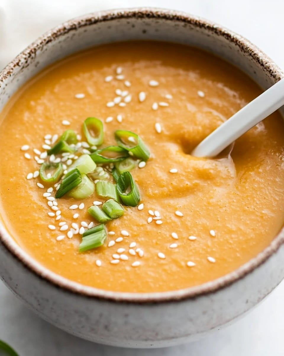 A round white ceramic bowl filled with smooth, creamy orange soup, with a few small slices of green onion and some white sesame seeds sprinkled on top, a white spoon resting inside the bowl on the left side, all placed on a white marbled surface with a small white bowl containing sesame seeds visible at the right edge of the image photo taken with an iphone --ar 4:5 --v 6.1