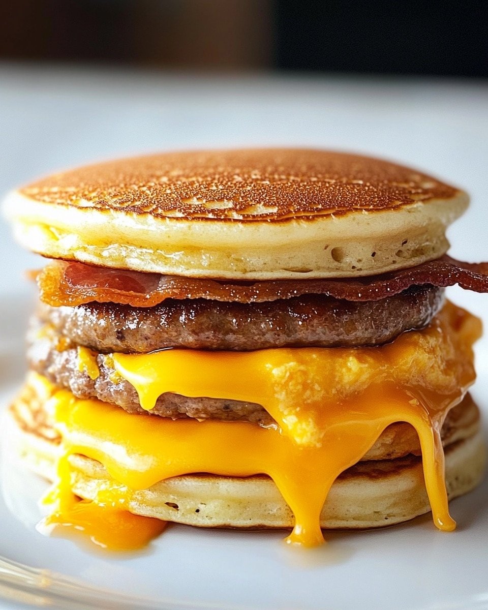 A close-up view of a breakfast sandwich stacked with five main layers, starting from the bottom with a light golden pancake that looks soft and fluffy, followed by a folded yellow scrambled egg layer with some light brown spots. Above the egg is a thick, brown sausage patty with a slightly crispy edge. On top of the sausage, there is a piece of cooked bacon with dark brown and reddish stripes that curl slightly. The next layer is a slice of bright orange cheddar cheese, melted just enough to soften it. The sandwich is closed with another golden pancake on top. The sandwich sits on a white plate, all set against a white marbled surface. Photo taken with an iphone --ar 4:5 --v 6.1