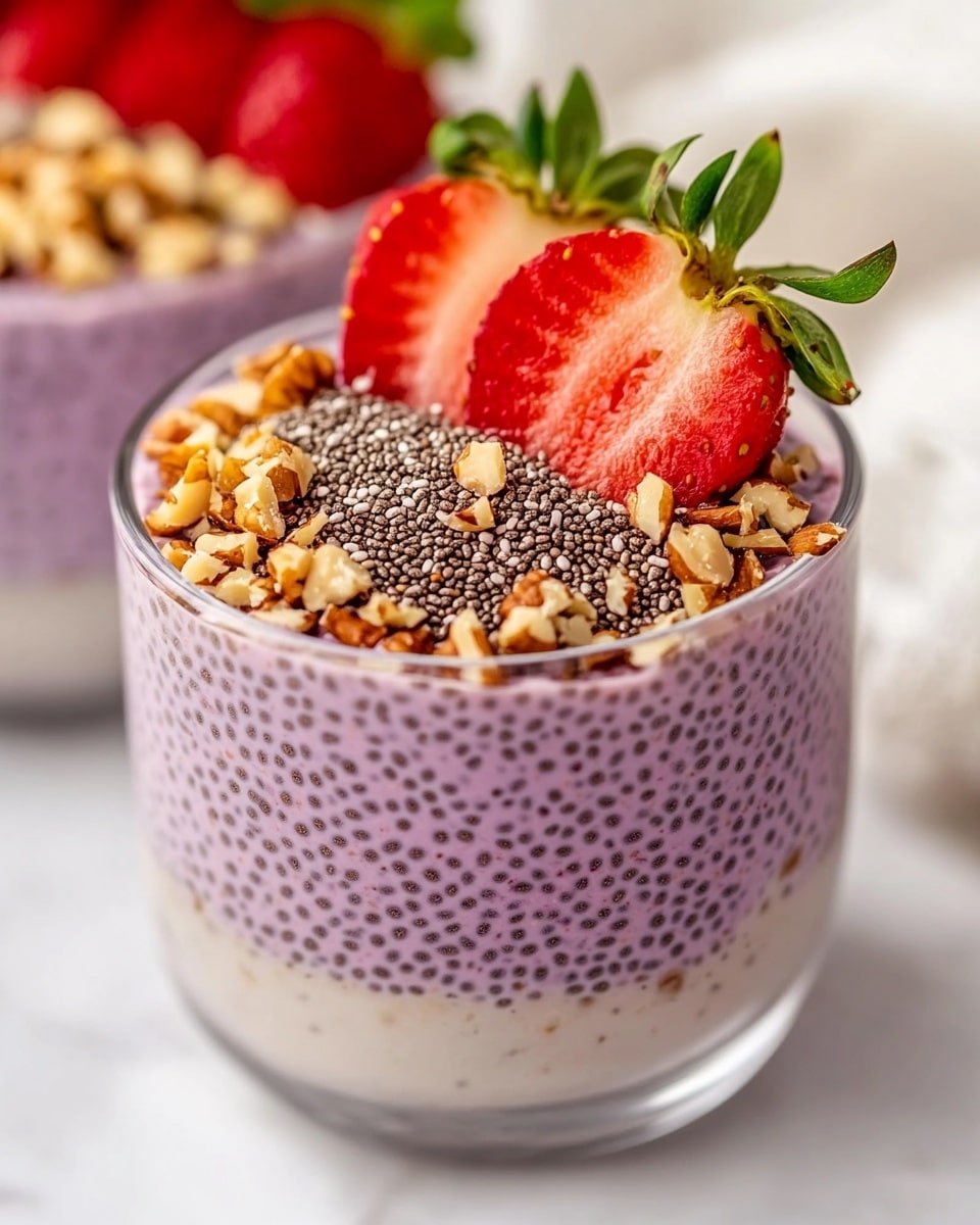 The image shows a glass cup with three layers; the bottom layer is light beige, the middle layer is thick purple chia pudding with visible chia seeds, and the top layer is split between a fan of bright red sliced strawberry with green leaves on one side and a pile of light brown crushed nuts on the other. The cup is placed on a white marbled surface with another similar cup blurred in the background. The overall texture looks soft and crunchy from the nuts. Photo taken with an iphone --ar 4:5 --v 6.1