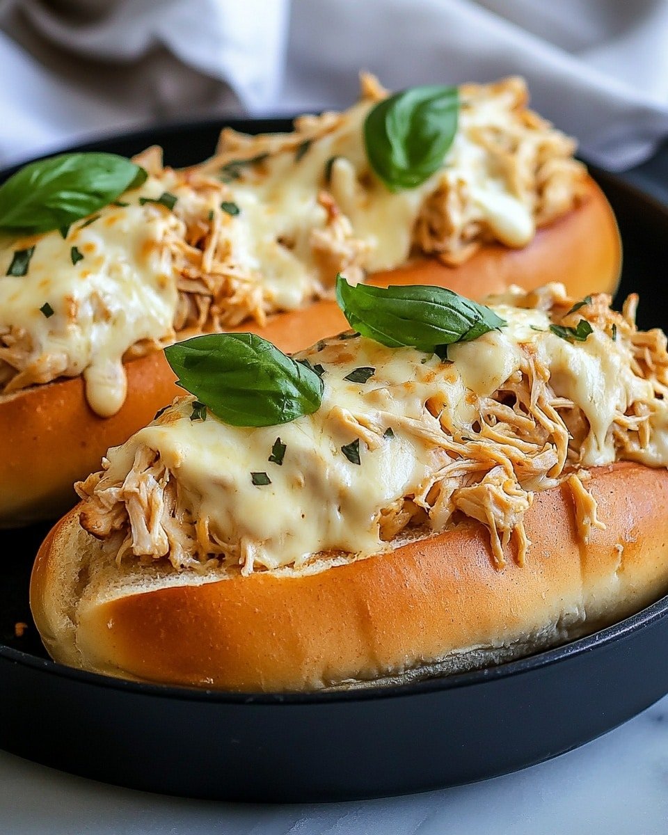 The image shows three sandwich buns in a black pan, each topped with shredded cooked chicken mixed with creamy white cheese sauce, which is melted over the chicken and slightly dripping down the sides. The buns are golden brown with a soft texture, and the chicken mixture has a light brown color with a smooth, creamy texture from the sauce. Fresh green basil leaves are placed on top of the cheesy chicken layer, adding a pop of color. The pan is set on a white marbled surface with a cloth nearby. Photo taken with an iphone --ar 4:5 --v 6.1