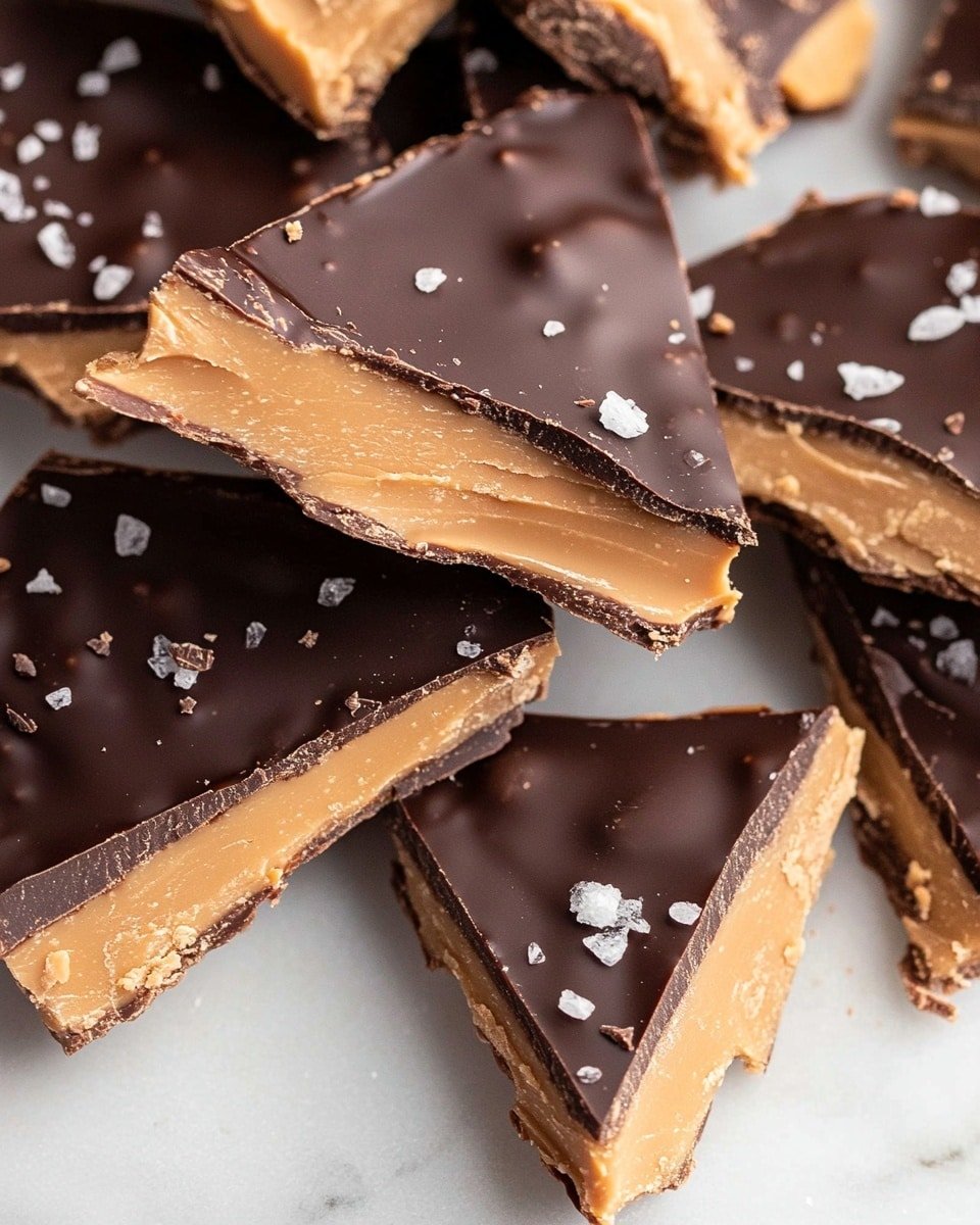 The image shows a stack of four uneven pieces of peanut butter and chocolate bark. Each piece has two layers: a bottom layer of light brown, crumbly peanut butter and a top layer of smooth, dark chocolate sprinkled with coarse sea salt. The top piece has a bite taken out of it, showing the thick peanut butter base under the chocolate. More pieces of the bark are spread out on a white marbled surface in the background. photo taken with an iphone --ar 4:5 --v 6.1