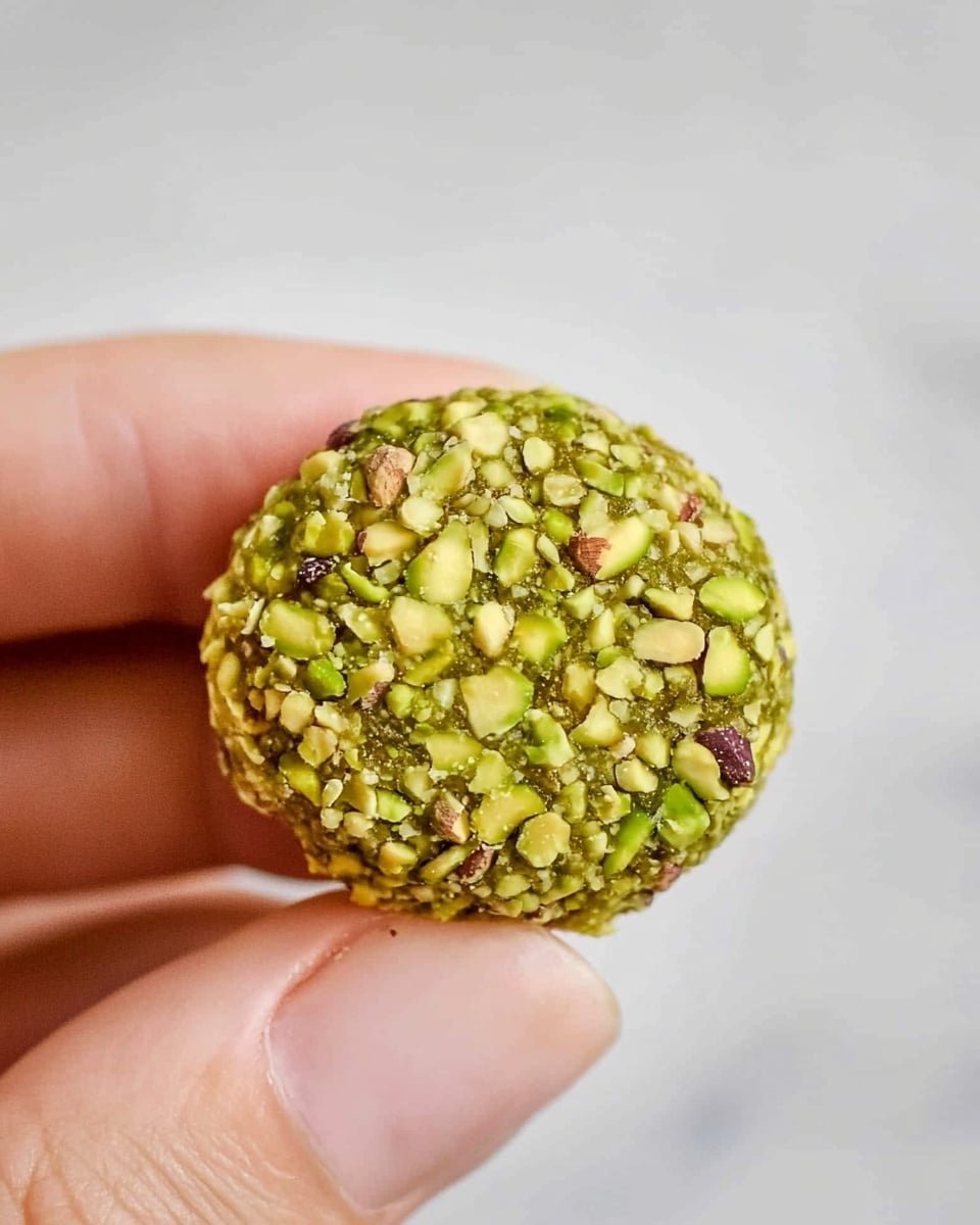 A close-up of a small round snack held by a woman's hand with a clear, white marbled background. The snack has two main layers: the outer layer is a rough textured coating made of small green and yellow pieces that look crunchy. The inner layer is smooth and green, with a slightly translucent and shiny surface showing delicate lines and folds. The snack appears to be soft inside with a firm outer edge. Photo taken with an iphone --ar 4:5 --v 6.1