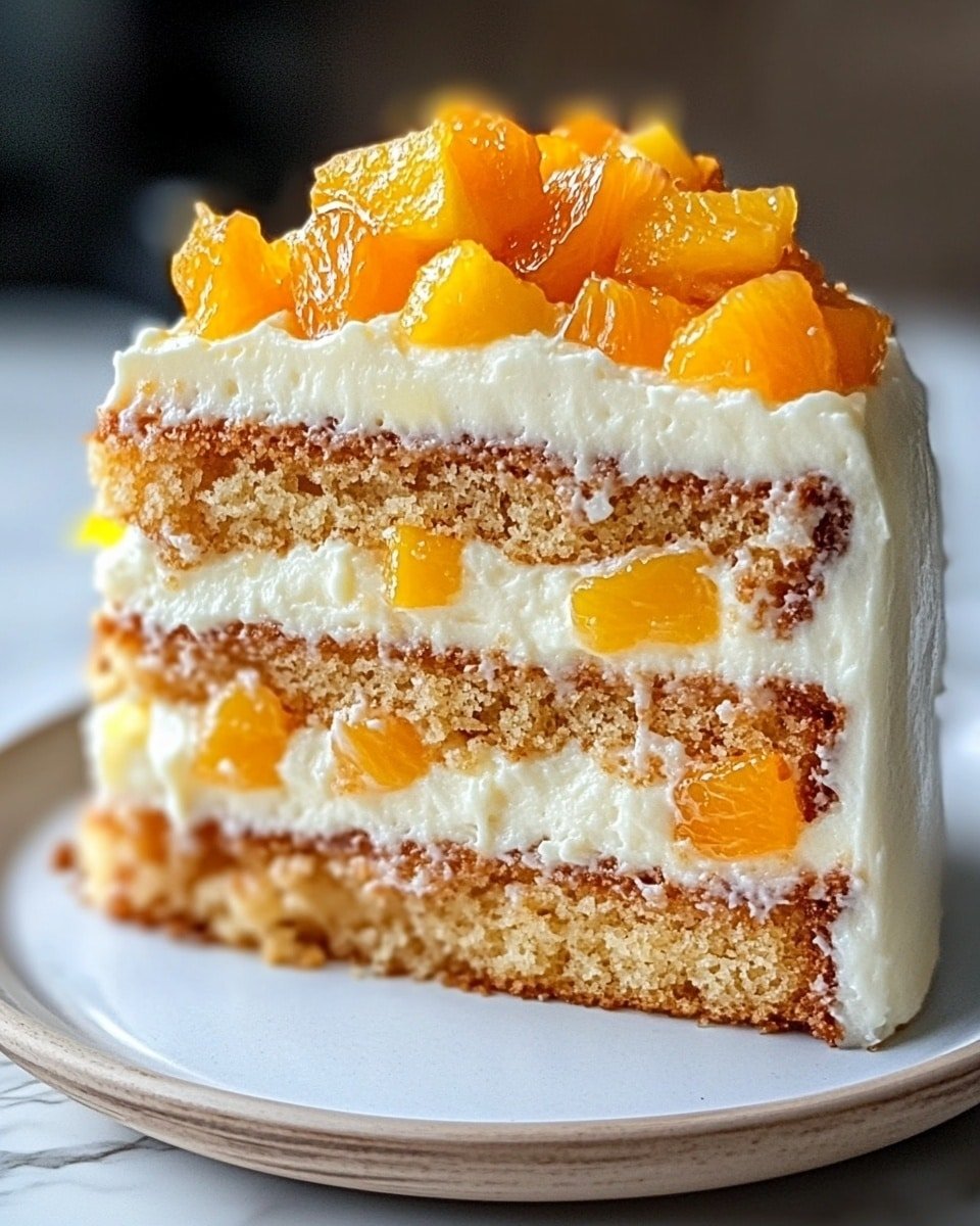 A thick square slice of dessert with four clear layers sits on a white plate with black script patterns; the bottom layer is a crumbly, golden-brown crust, followed by a thick creamy white layer mixed with shredded orange pieces, then another crumbly layer with creamy white mixed orange pieces above it, and the top layer is creamy white topped generously with chunky yellow and orange fruit pieces. Photo taken with an iphone --ar 4:5 --v 6.1