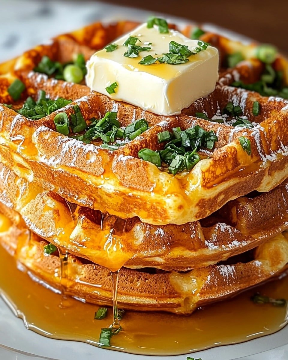 A stack of three golden brown waffles sits on a white plate with a white marbled surface in the background. Each waffle layer shows crispy edges and a textured, evenly browned surface, studded with bits of green herbs and melted orange cheese inside, creating a rich, gooey look. On top of the stack, there is a square pat of smooth, pale yellow butter melting slightly, surrounded by fresh chopped chives scattered all over. Maple syrup drips down the sides in thick amber streams, pooling lightly on the plate. Photo taken with an iphone --ar 4:5 --v 6.1
