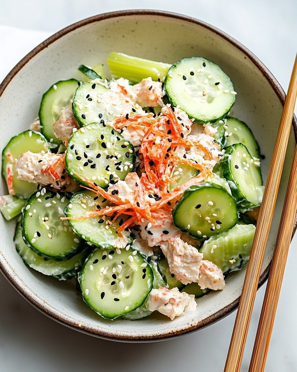 A white bowl with a brown rim holds a salad mainly made of round, thin cucumber slices topped with small chunks of white meat mixed with a creamy dressing. There are pale green celery pieces mixed in, bright red shredded crab sticks, and small black sesame seeds sprinkled all over the salad. Wooden chopsticks rest on the right side of the bowl. The bowl sits on a white marbled surface. Photo taken with an iphone --ar 4:5 --v 6.1