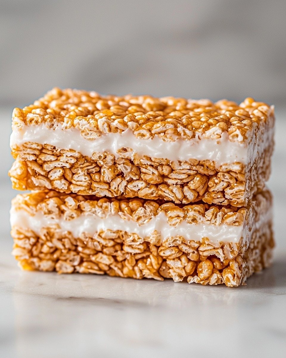 The image shows two square crispy rice treats stacked on top of each other on a white marbled surface. Each treat has a thick bottom layer made of shiny, caramel-colored puffed rice cereal bound together. The top layer is a thin, smooth white coating spread evenly across the surface of each treat. The caramel layer looks sticky and textured, while the white layer is matte and soft. The treats appear dense and chewy with clear separation between the two layers. Photo taken with an iphone --ar 4:5 --v 6.1