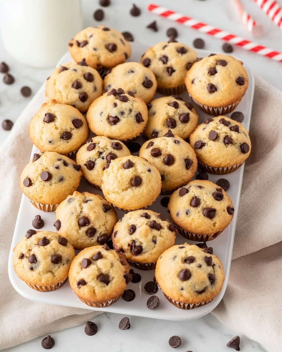 A white rectangular tray holds many small round muffins stacked in several layers, each muffin light golden in color with many dark chocolate chips on top and inside, creating a spotted texture. One muffin is broken in half at the bottom near scattered chocolate chips. The tray sits on a white marbled surface surrounded by a beige cloth, two glass bottles of milk with red and white striped straws, and scattered loose chocolate chips. The scene is bright and clean, showing the muffins as soft and fresh. photo taken with an iphone --ar 4:5 --v 6.1