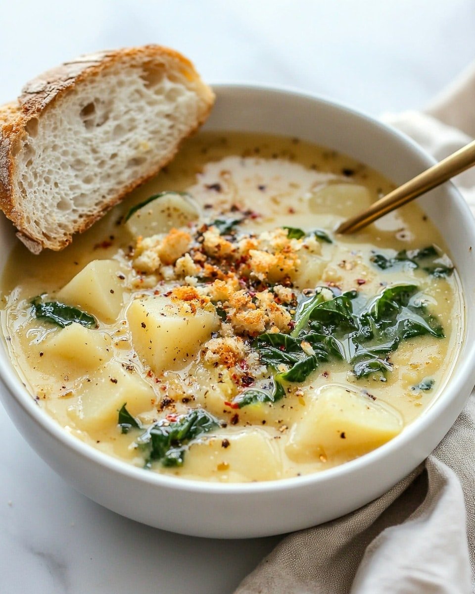 A white pot filled with a rich soup that has a creamy orange broth. Inside, there are chunks of light yellow potatoes scattered throughout. Green leafy vegetables are mixed in, adding a fresh contrast. Small pieces of browned sausage or ground meat are spread on top, giving a textured look with some reddish spices sprinkled over. The surface of the soup shows a combination of smooth broth and bits of cooked ingredients. The pot is resting on a white marbled surface with a light cloth beneath it. photo taken with an iphone --ar 4:5 --v 6.1