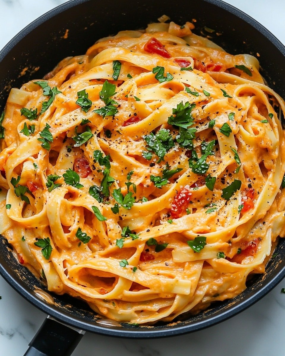 The image shows a black pan filled with cooked fettuccine pasta covered in a thick, creamy orange sauce with small pieces of browned meat mixed in. The pasta is topped evenly with finely chopped green herbs and a sprinkling of grated white cheese, giving a fresh and textured look. The pan sits on a white marbled surface with some scattered green herbs around it, adding color contrast to the scene. The lighting highlights the creamy sauce and herb details, making the dish look rich and tasty photo taken with an iphone --ar 4:5 --v 6.1