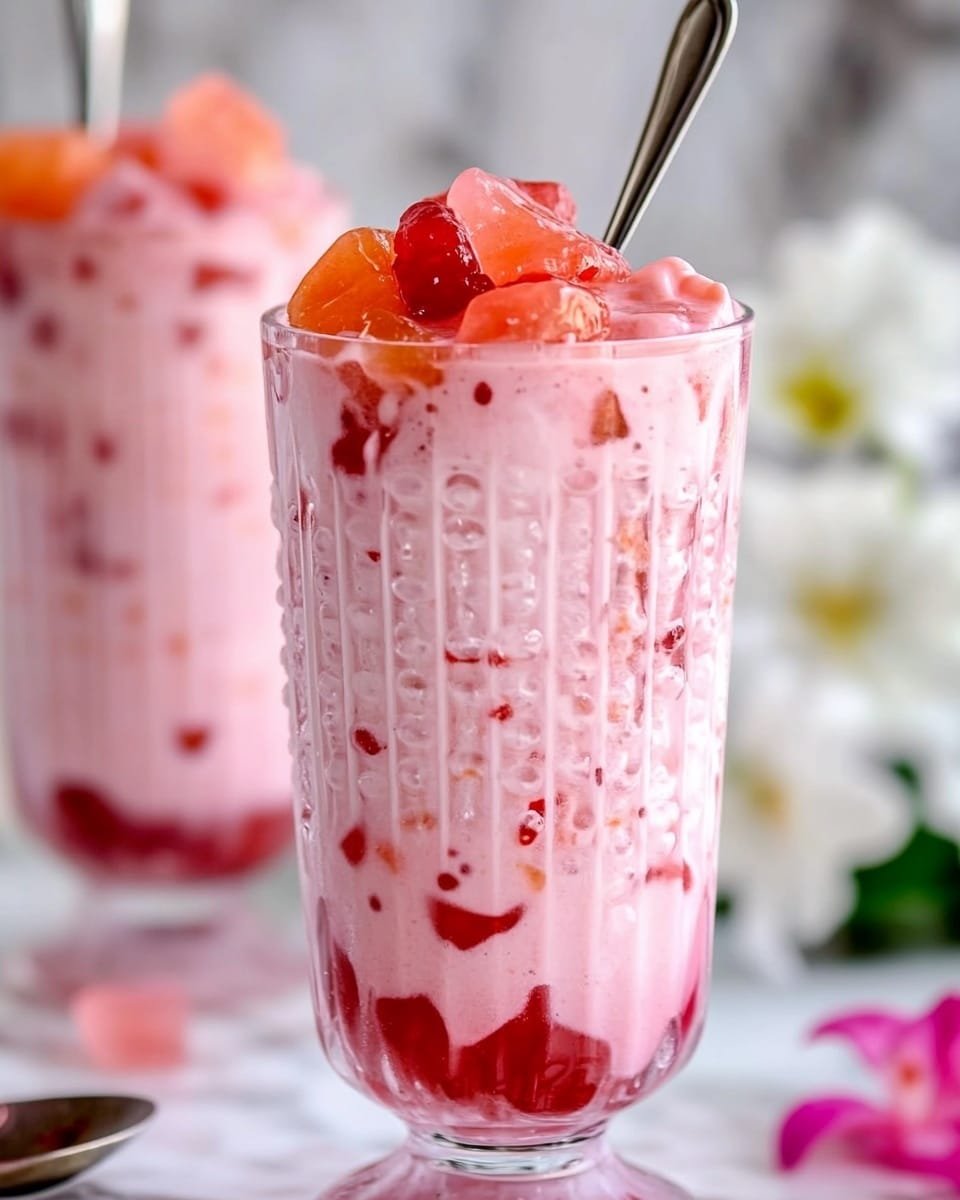 There are two tall clear glasses and one large clear pitcher, all filled with a pink drink containing small red tapioca pearls and various-sized red jelly cubes evenly mixed throughout. Each glass shows a smooth, creamy pink liquid base with scattered translucent, shiny red jelly pieces and small round pearls. One glass has a silver spoon inside. The glasses stand on round wooden coasters on a white marbled surface. Behind them, there is a basket filled with white and purple flowers and some loose pink and white flowers around. Photo taken with an iphone --ar 4:5 --v 6.1