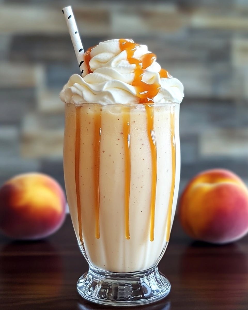 A tall clear glass filled with a creamy, light peach-colored milkshake with tiny specks throughout, topped with a thick swirl of white whipped cream that rises above the rim, drizzled with golden caramel sauce dripping slightly on the sides. A white straw with black stripes is inserted in the whipped cream. The glass stands on a dark wooden surface with two fresh peaches, one on each side, sitting in the background against a soft gray stone wall. photo taken with an iphone --ar 4:5 --v 6.1