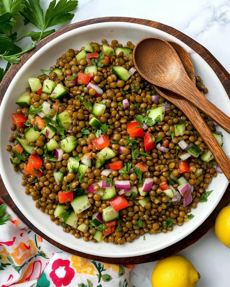 A large white round plate is filled with a colorful lentil salad, showing about three layers: at the bottom is a mix of cooked green lentils that create a textured, slightly shiny base; scattered throughout are small, crisp cubes of bright red bell pepper, light green cucumber, and finely chopped purple red onions, adding bright spots of color and small chunks with different textures; green herbs like mint leaves are sprinkled on top, adding freshness and small leaf shapes. Two wooden salad spoons with smooth, polished surfaces rest partially inside the plate on the right side, slightly covered by the salad. The plate is placed on a wooden round board, and nearby is a cloth with lemon and green leaf patterns. The background is a white marbled surface. Photo taken with an iphone --ar 4:5 --v 6.1