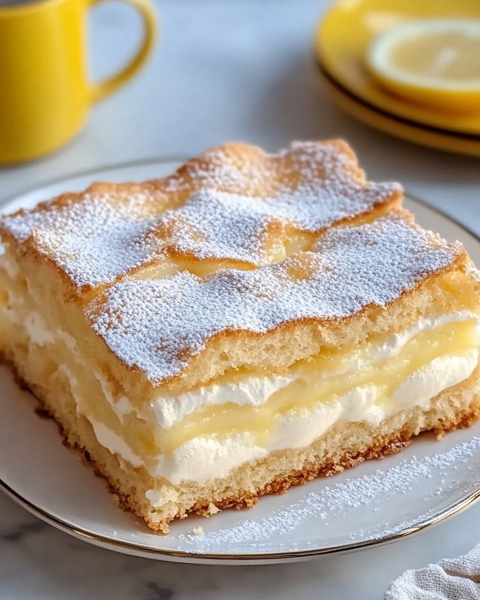 A round cake with a thick golden brown crust as the bottom layer, topped by a white creamy layer in the middle. The top layer consists of soft yellow cake squares arranged closely, dusted with white powdered sugar, showing a shiny yellow filling between the squares. The cake sits on a white plate with a thin dark rim, placed on a white marbled surface. The background shows yellow lemons and blue and white kitchen cloths blurred. photo taken with an iphone --ar 4:5 --v 6.1