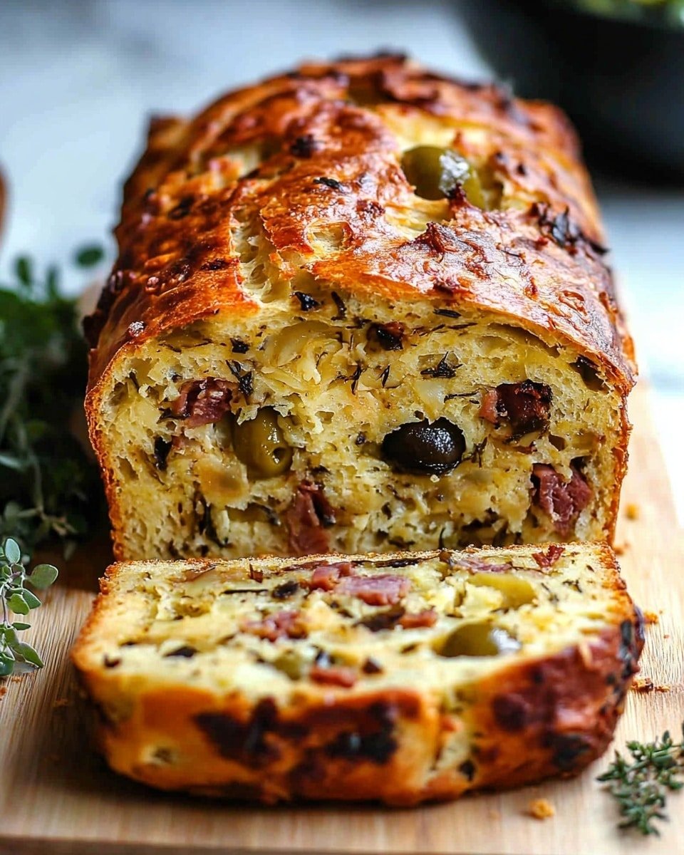 A loaf of savory bread is shown on a wooden board with one slice cut and lying flat in front of it. The bread has a golden brown crust with a slightly rough texture and is studded with green olives and pieces of reddish ham scattered throughout. The inside of the bread is light yellow and dense, with visible bits of black olives or herbs mixed in. The loaf is placed on a white marbled surface with some green thyme sprigs to the right side. The fork is not visible, and the image is close-up, showing the detailed texture of the bread. photo taken with an iphone --ar 4:5 --v 6.1